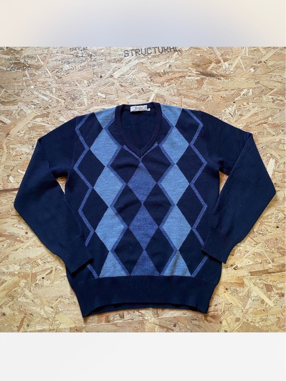 Men's Navy and Light Blue Argyle V-Neck Sweater - Classic Casual